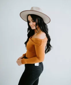 Peach Love California Aviva Ribbed Off Shoulder Bodysuit