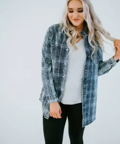 Peach Love California Tops Colleen Washed Denim Plaid Shirt