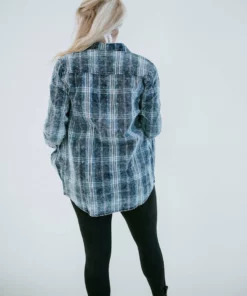 Peach Love California Tops Colleen Washed Denim Plaid Shirt