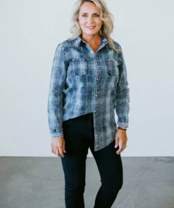 Peach Love California Tops Colleen Washed Denim Plaid Shirt