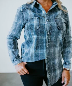 Peach Love California Tops Colleen Washed Denim Plaid Shirt