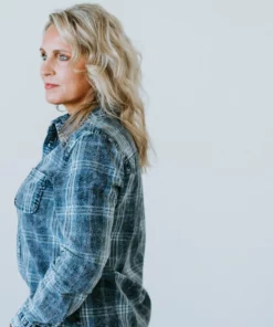 Peach Love California Tops Colleen Washed Denim Plaid Shirt