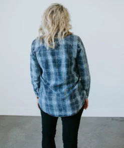 Peach Love California Tops Colleen Washed Denim Plaid Shirt