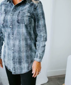 Peach Love California Tops Colleen Washed Denim Plaid Shirt